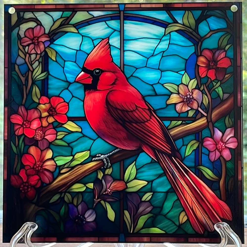 Suncatcher Acrylic Red Cardinal Bird Blue Sky Decorative Faux Stained Glass Gift